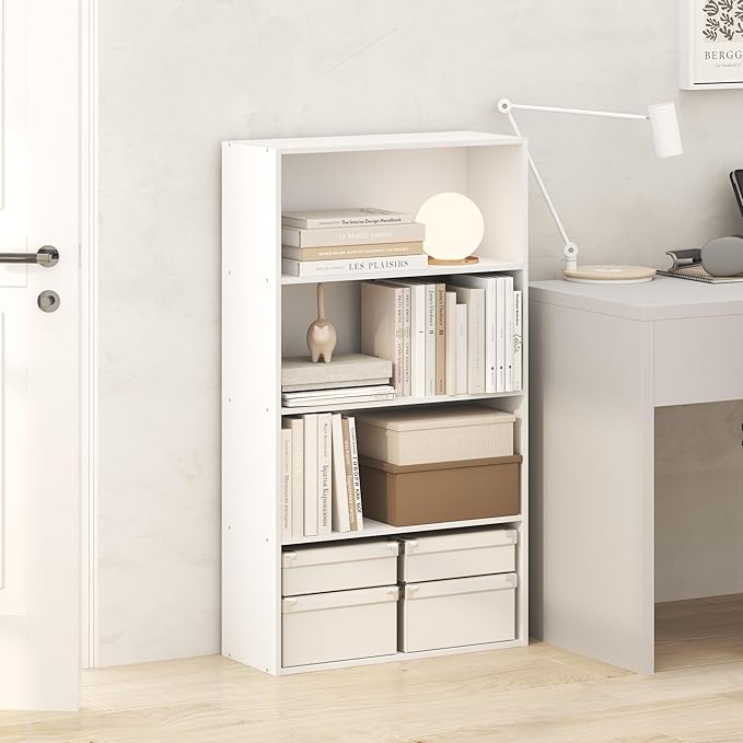 Furinno Jaya Book Shelf, 4-Tier Book Shelf, Bookcase with Open Shelving, Standing Bookshelf, 9.5 x 23.6 x 41.9, for Organization and Storage, for Home Office, Living Room, White