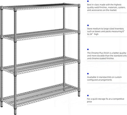 M MZG 2800 LBS 59" W 4 Tier Storage Shelves Rack Metal Wire Shelving Unit, Storage Standing Shelf Organizer for Laundry Bathroom Kitchen Pantry Garage Utility Room, Chrome 17.7" D x 59.1" W x 70.4" H
