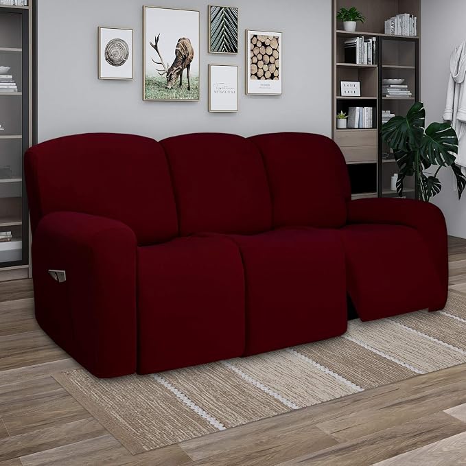 PureFit Super Stretch 3 Seats Recliner Sofa Couch Cover with Pocket | Non Slip Soft Sofa Slipcover, Washable Spandex Reclining Furniture Protector for Kids, Pets (Recliner Sofa, Wine)