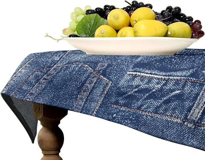 Denim Patchwork Print Style Tablecloth, Fashionable Denim Pattern Design (Not Denim Fabric) Water Resistant Table Cover for Farmhouse Picnic Party Holiday Kitchen Dinner Table 60"x110"