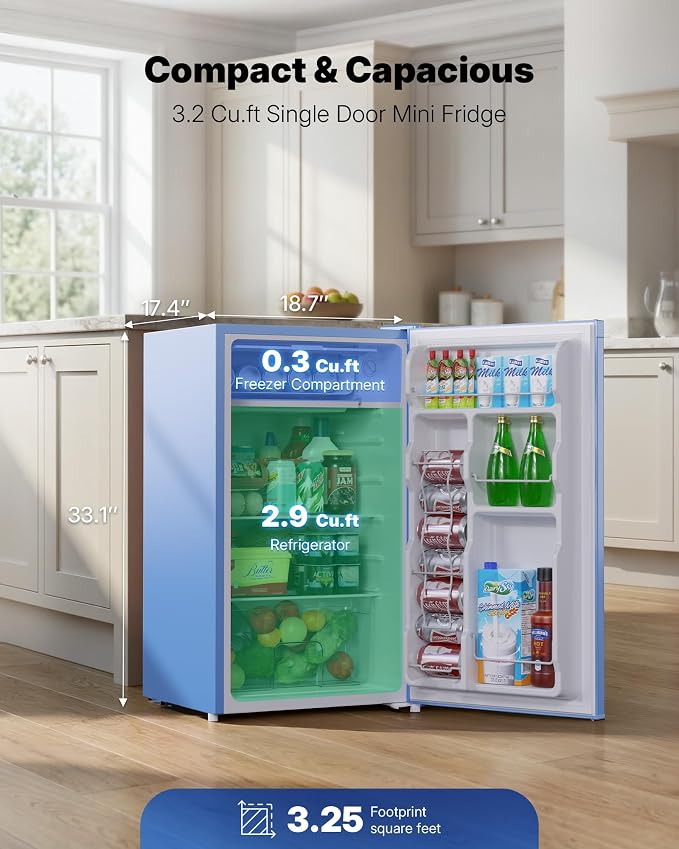 Upstreman 3.2 Cu.Ft Mini Fridge with Freezer, Blue-BR321 | Adjustable Thermostat, Energy Saving, Low Noise, Reversible Door, Small Refrigerator for Dorm, Bedroom, Office