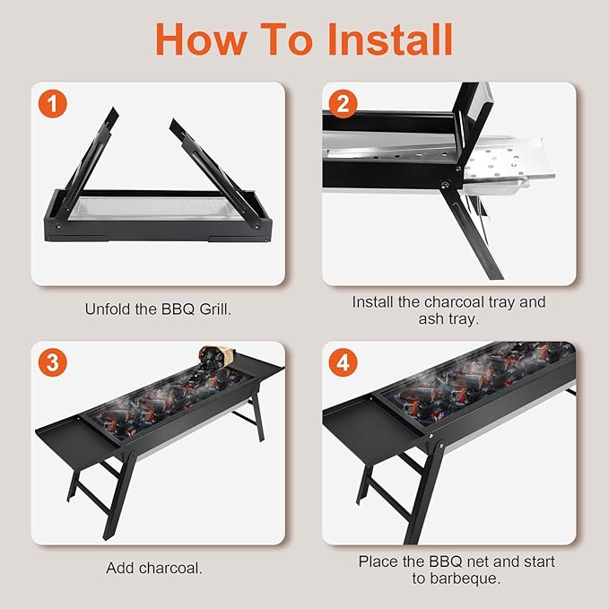 Foldable Charcoal BBQ Grill, Portable Grill Charcoal with Side Table, Stainless Steel BBQ Grill, Easy Setup Tabletop Barbecue Grill for Camping Picnic Outdoor Party Backyard Travel (Extended)