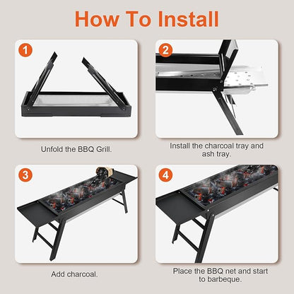 Foldable Charcoal BBQ Grill, Portable Grill Charcoal with Side Table, Stainless Steel BBQ Grill, Easy Setup Tabletop Barbecue Grill for Camping Picnic Outdoor Party Backyard Travel (Extended)