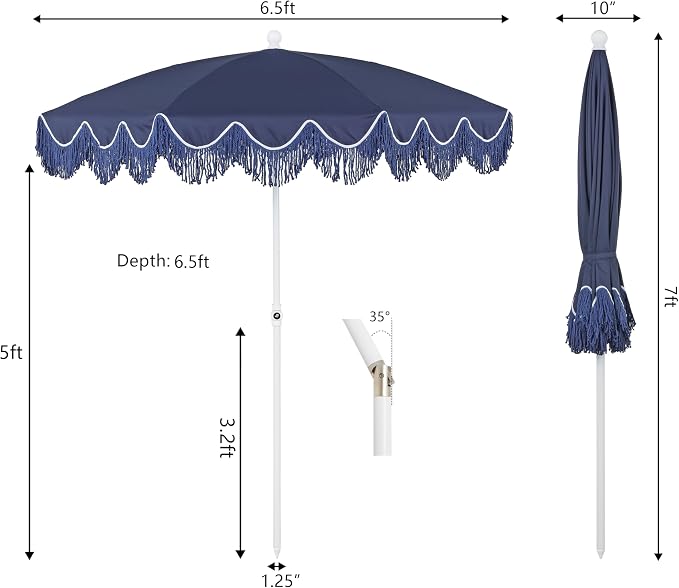 JONATHAN Y Mariner 6.5 ft. Solid Fringe Beach Umbrella, Navy/Blue | Push-Button Tilt, UV 50 Protection, Matching Carry Bag, White Iron Pole, Wind Vent, Scalloped Round Canopy