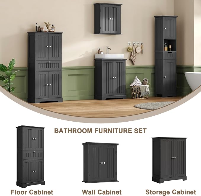 ChooChoo 51" H Bathroom Floor Cabinet with Drawers and Adjustable Shelves | Bathroom Storage Cabinet, Freestanding Kitchen Pantry Cupboard with 4 Doors for Living Room, Black