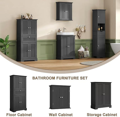 ChooChoo 51" H Bathroom Floor Cabinet with Drawers and Adjustable Shelves | Bathroom Storage Cabinet, Freestanding Kitchen Pantry Cupboard with 4 Doors for Living Room, Black