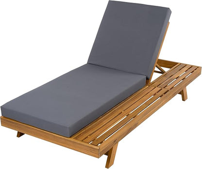Christopher Knight Home Kayes Acacia Wood Chaise Lounge with 4'' Cushion, Outdoor 79'' Patio Recliner Chair with 4-Position Adjustable Backrest, Sun Lounger for Poolside Backyard, Teak+Dark Gray
