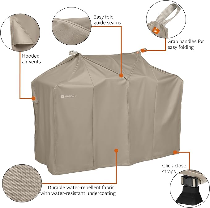 Classic Accessories Storigami Easy Fold Water-Resistant 64 Inch BBQ Grill Cover, Goat Tan