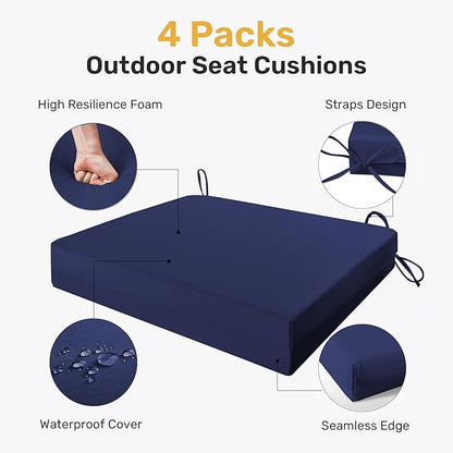 UNIKOME Outdoor Chair Cushions Pack of 4, Water Resistant Patio Cushions with Ties, High Density Sponge Filling Square Corner Seat Cushions for Outdoor Furniture, 18.5"x16"x3", Navy Blue