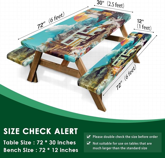 Picnic Table Cover with Bench Covers, Travel, 3 Piece, 72 Inch | With Bench Covers Full Elastic Edge Tablecloth Waterproof Wipeable RV Outdoor Patio Park Essentials With Drawstring Bag