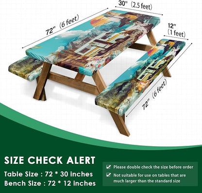 Picnic Table Cover with Bench Covers, Travel, 3 Piece, 72 Inch | With Bench Covers Full Elastic Edge Tablecloth Waterproof Wipeable RV Outdoor Patio Park Essentials With Drawstring Bag