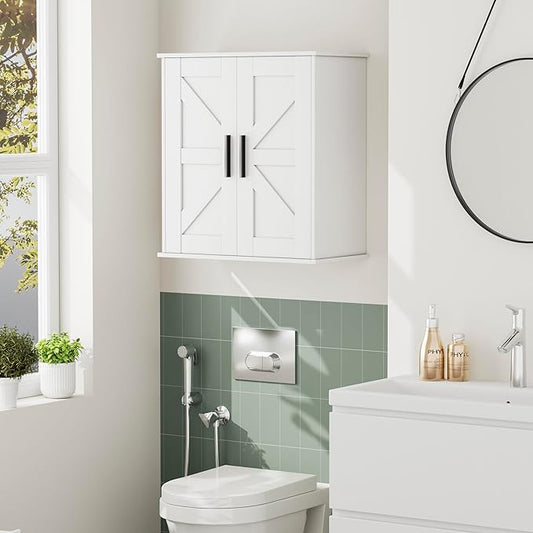 Homleke Bathroom Wall Cabinet, Over Toilet Storage Cabinet with Barn Doors and Adjustable Shelves, 3-Tier Medicine Cabinet Wall Mounted, for Bathroom, Kitchen, Entryway, Laundry Room, White, (11.8" D)