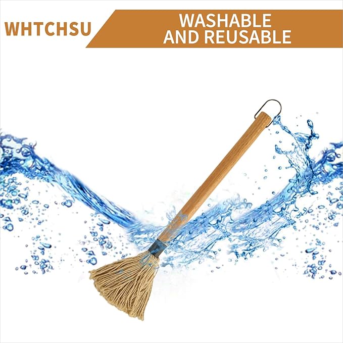 18.3 Inch BBQ Mop Brushes for Sauce, Grill Basting Mop Wooden Long Handle BBQ Mop with 1 Extra Replacement Heads for BBQ Grilling Smoking Steak