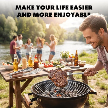 Grill Utensils Set with Rosewood Handle, BBQ Accessories Tools Set of 5 | Grilling Tongs, Spatula, Fork, Oil Brush, Cleaning Brush - Grilling Tools Set for Outdoor