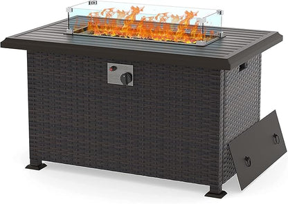 Kullavik 43" Propane Gas Fire Pit Table 55,000 BTU Auto-Ignition Wicker ETL Certified Outdoor Fire Pits with Glass Wind Guard,Fire Glass,Slide Out Tank Holder,Lid,Waterproof Table Cover