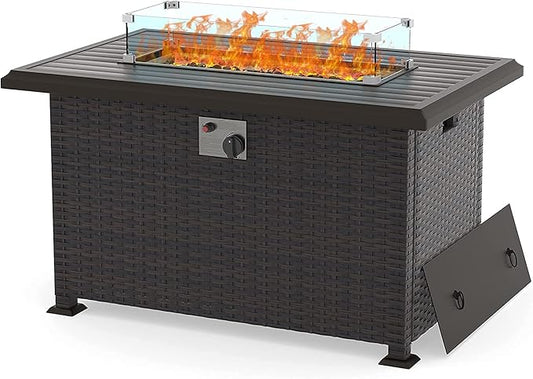 Kullavik 43" Propane Gas Fire Pit Table 55,000 BTU Auto-Ignition Wicker ETL Certified Outdoor Fire Pits with Glass Wind Guard,Fire Glass,Slide Out Tank Holder,Lid,Waterproof Table Cover
