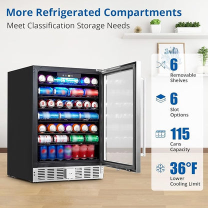 GarveeHome 24 in Beverage Refrigerator, 5.1 Cu.Ft Beverage Fridge, 166 Cans Capacity Drink Fridge with 36～60°F Adjustable Digital Temperature Control Compressor and Safety Lock