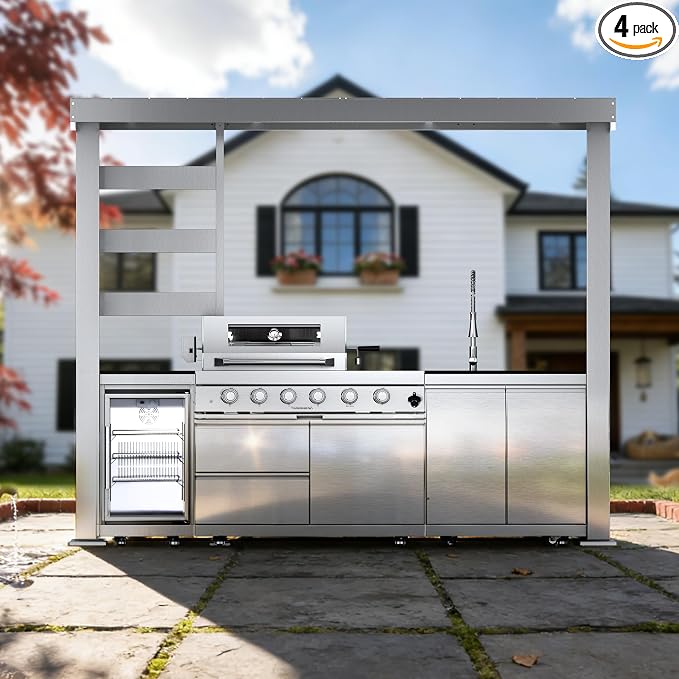 110-Inch 4-Burner 72000 BTU Propane Gas Grill Island with Shed, 304 Stainless Steel Silver, Outdoor Kitchen with Wine Cooler, Rotisserie, Granite Countertops & Sink for Backyard BBQ, Silver