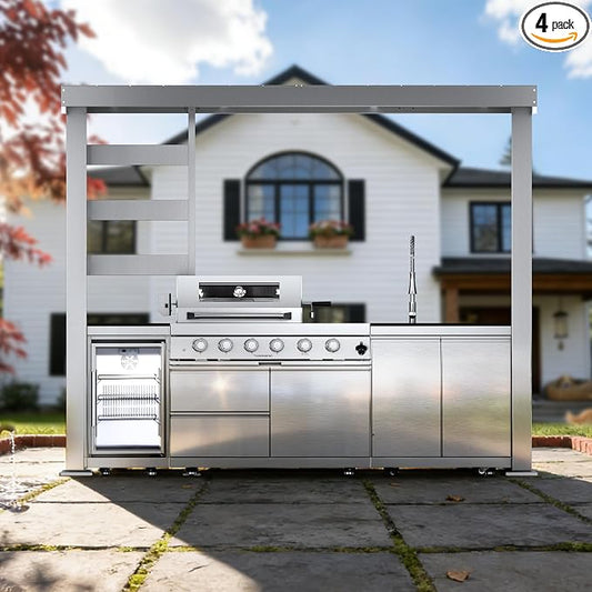 110-Inch 4-Burner 72000 BTU Propane Gas Grill Island with Shed, 304 Stainless Steel Silver, Outdoor Kitchen with Wine Cooler, Rotisserie, Granite Countertops & Sink for Backyard BBQ, Silver