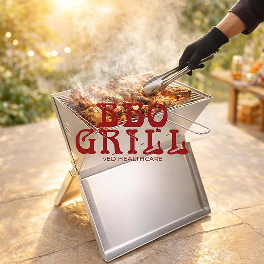 VED Portable Barbecue Grill – Foldable Notebook Style BBQ | Stainless Steel Charcoal Grill for 2-3 People | Outdoor BBQ for Camping, Terrace, Patio & Beach (35x24x39 cm)