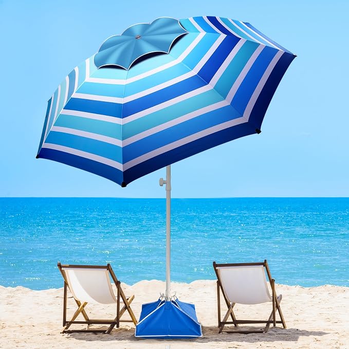 Fisqueen 8FT Large Beach Umbrella with Wind Resistance Sand Anchor Sand Bag, Portable Outdoor Umbrella with UPF50+ UV Protection, Tilt Sun Shelter for Beach, Patio, Yard