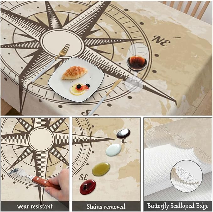 Swono Compass Rectangular Tablecloth Old World Map Nautical Compass Washable Table Cloth Kitchen Dining Room Table Cover for Party Dinner 50x72 Inch Tablecloths