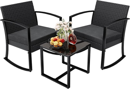 Greesum 3 Pieces Outdoor Furniture Set Patio Bistro Rocking Chairs with Glass Coffee Table for Pool Beach Backyard Balcony Porch Deck Garden, Black