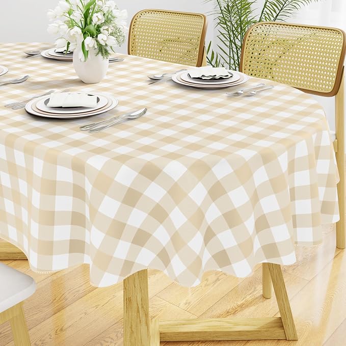 Smiry Oval Table Cloth, Vinyl Tablecloths with Flannel Backing, 60"x102" | Waterproof Picnic Table Cloth, Wipeable Buffalo Plaid Table Cover for Indoor and Outdoor (White & Beige)