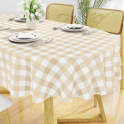 Smiry Oval Table Cloth, Vinyl Tablecloths with Flannel Backing, 60"x84" | Waterproof Picnic Table Cloth, Wipeable Buffalo Plaid Table Cover for Indoor and Outdoor (White & Beige)