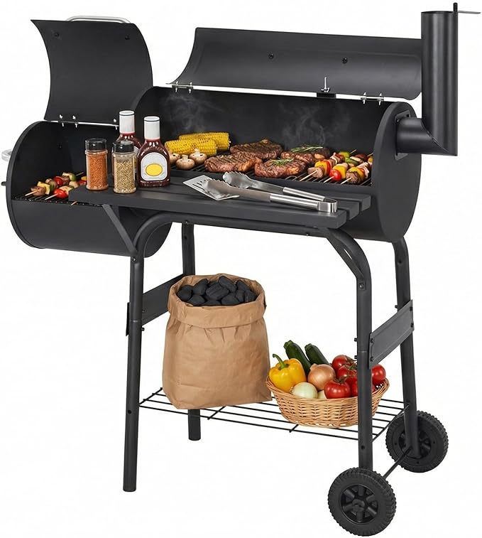 Generic Offset Smoker Charcoal Grill 192 Sq. In. Cooking Surface Wheels Barbecue Cooker Extra Large Smoker Grills All Metal Steel Warming Rack for Outdoor Garden Patio & Backyard Cooking
