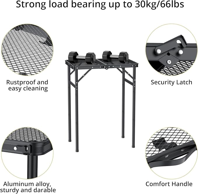 Anbte 2ft Folding Grill Table Max 29.5", 3 Adjustable Height Lightweight Camping Table with Heat-Resistant Mesh Tabletop Portable Handle, Waterproof, for Cooking BBQ Outdoor, 22.8" X 16", Black