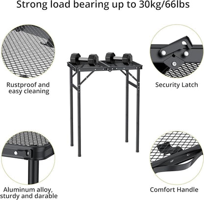 Anbte 2ft Folding Grill Table Max 29.5", 3 Adjustable Height Lightweight Camping Table with Heat-Resistant Mesh Tabletop Portable Handle, Waterproof, for Cooking BBQ Outdoor, 22.8" X 16", Black