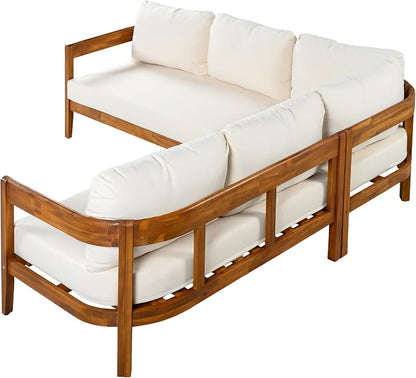 VilroCaz Outdoor Patio Furniture Set, L-Shaped Acacia Wood Sectional Sofa with 6 Soft Seat Cushions and Backpack, All-Weather Conversation Set with Arc Frame for Garden Backyard Porch (White-3.19)