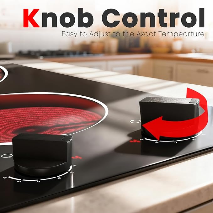 2 Burner Electric Cooktop 110V 2000W Countertop or Built-in | 12 Inch Plug in Two Burner Electric Stove, Hot Plate Ceramic Stovetop, Knob Control, 9 Power Levels and Overheat Protection
