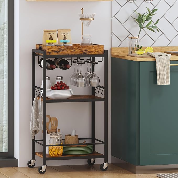TUTOTAK Bar Cart with Wheels, Mini Drink Cart with Wine Rack & Glass Holder | 3-Tier 17 Inch Wide Home Bar Serving Carts, Small Mobile Kitchen Shelf with 6 Hooks, Rustic Brown BC01BB036