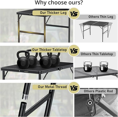 Anbte Portable Grill Table Max 29.5", 2 Adjustable Heights Folding Camping Table with Heat-Resistant Mesh Tabletop &Portable Handle, Waterproof, for Cooking BBQ Outdoor Patio, 31" X 22", Black