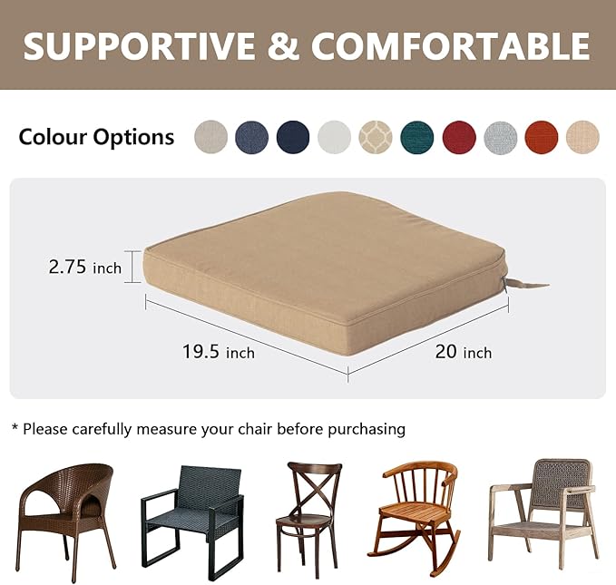 Goodgoods 19.5 x 20 Outdoor Chair Cushions Set of 4, Fade-Resistant & Water-Resistant Patio Seat Cushion Pads with Ties, 30D High-Resilience Foam for Dining Room Kitchen Chairs, Toffee