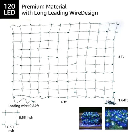 Led Christmas Net Lights Outdoor Christmas Bushes Lights 120Led 6ftx5ft, Connectable Outdoor Indoor Mesh Net Lighting for Xmas Holiday, Garden, Lawn, Shrubs, Trees, Bushes Decorations(White and Blue)