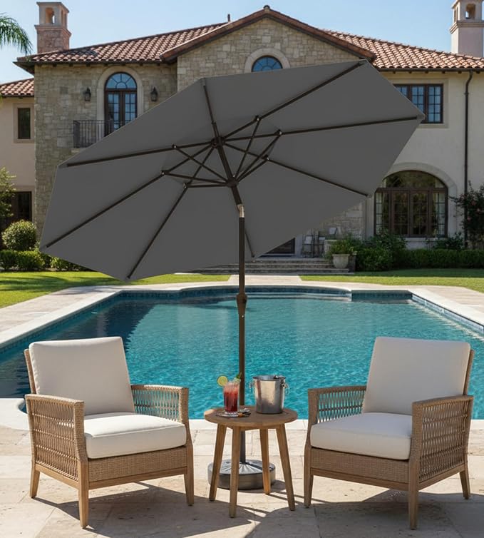 9FT Auto-Tilt Patio Umbrella|Outdoor Market Table Umbrella with 8 Fiberglass Ribs for Pool,Deck&Backyard