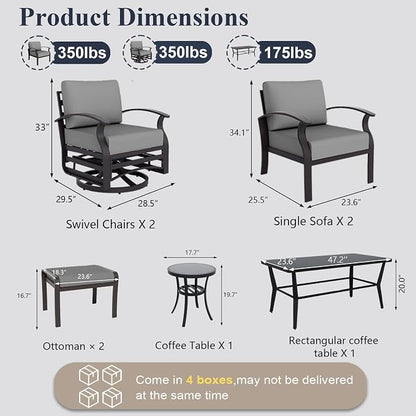 ALAULM Aluminum Patio Furniture Set with Coffee Table Rectangular, 6-seat Outdoor Sectional Furniture w/Swivel Chairs and 2 Ottomans, Patio Conversation Set for Porch, Backyard, Poolside-Grey
