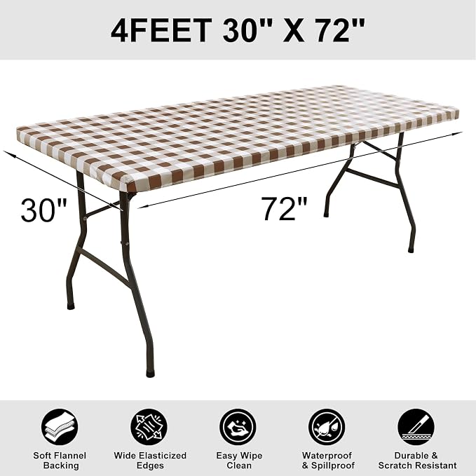 Smiry Rectangle Picnic Table Cloth, Elastic Waterproof Fitted Vinyl Tablecloths, Flannel Backed Buffalo Plaid Table Covers for Dining, Camping, Outdoor (White and Brown, 30" x 72")