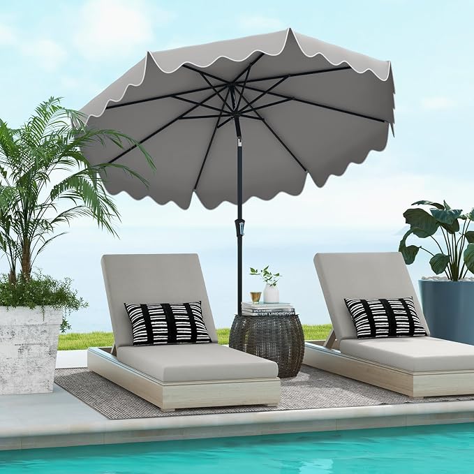 Tangkula 9Ft Patio Umbrella with Crank, 2-Tier Outdoor Umbrella with Push Button Tilt, Sun-Protective Canopy, 8 Ribs, Scalloped Patio Umbrella for Outdoor Beach Deck Pool Table (Gray)