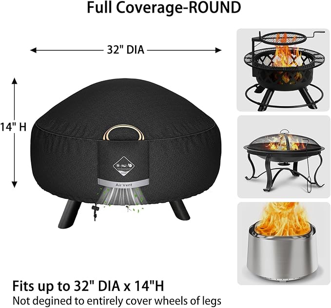 QH.HOME Fire Pit Cover Round Super Waterproof, 32" D X 14" H Outdoor Round Firepit Cover 600D Strong Tear Resistant,Fire Pit Covers Premium Fading Resistant for Outdoor Fire Pit