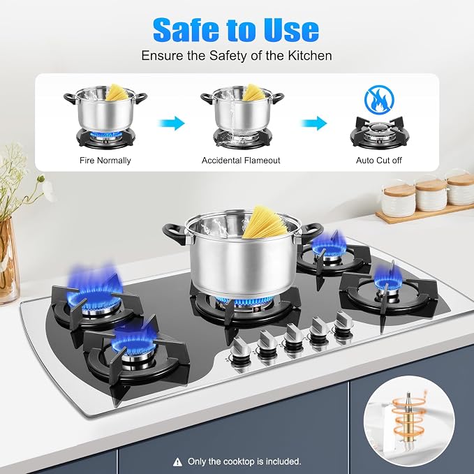 5 Burners Gas Stove, Al-alloy Built-In/Countertop Gas Cooktop with Electric Ignition and Tempered Glass Panel, 2000Pa LPG/NG Cooktop Stove for Kitchen Apartment