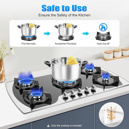 5 Burners Gas Stove, Al-alloy Built-In/Countertop Gas Cooktop with Electric Ignition and Tempered Glass Panel, 2000Pa LPG/NG Cooktop Stove for Kitchen Apartment