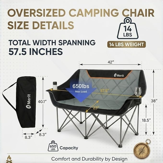 EMERIT Oversized Fully Padded Camping Chair, Heavy Duty 650LB Folding Camping Loveseat, Quad Fold Double Camping Couch with Cup Holders & Carry Bag for Outdoor, Lawn, Sports Events Black
