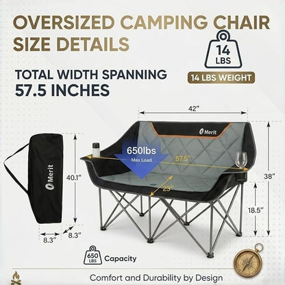 EMERIT Oversized Fully Padded Camping Chair, Heavy Duty 650LB Folding Camping Loveseat, Quad Fold Double Camping Couch with Cup Holders & Carry Bag for Outdoor, Lawn, Sports Events Black