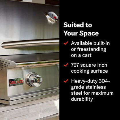 Blaze Professional LUX 34-Inch 3-Burner Built-In Propane Gas Grill | Stainless Steel Outdoor BBQ with Rear Infrared Burner, LED Lights & Rotisserie Kit | BLZ-3PRO-LP