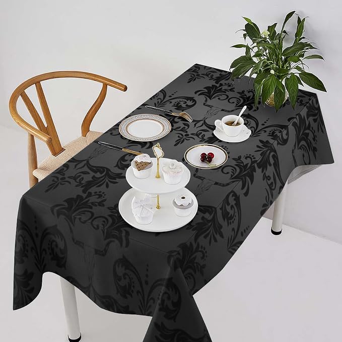Gothic Black Damask Tablecloth, Vintage Floral Exotic Longhorn Skull Bull Bone Table Cloth Water Resistant Table Cover for Farmhouse Party Holiday Kitchen Dinner Table 60x120