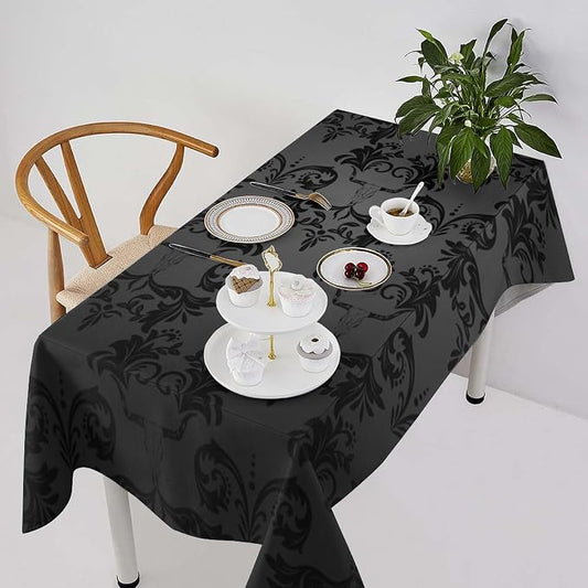 Gothic Black Damask Tablecloth, Vintage Floral Exotic Longhorn Skull Bull Bone Table Cloth Water Resistant Table Cover for Farmhouse Party Holiday Kitchen Dinner Table 60x120